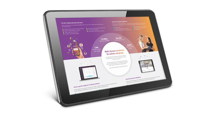 Eteach's Multi channel recruitment brochure for schools and colleges shown on a tablet